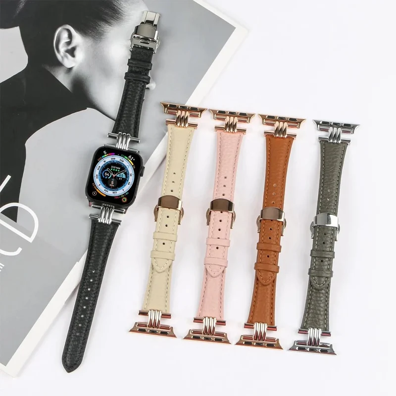 Elegant læder- og rustfrit stålrem til Apple Watch til daglig brug