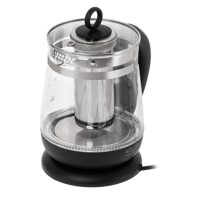 Glasvattenkokare 1,5 l med tefilter och temperaturreglering, 2200 W, LED, 60–100 °C, Adler AD 1299, svart
