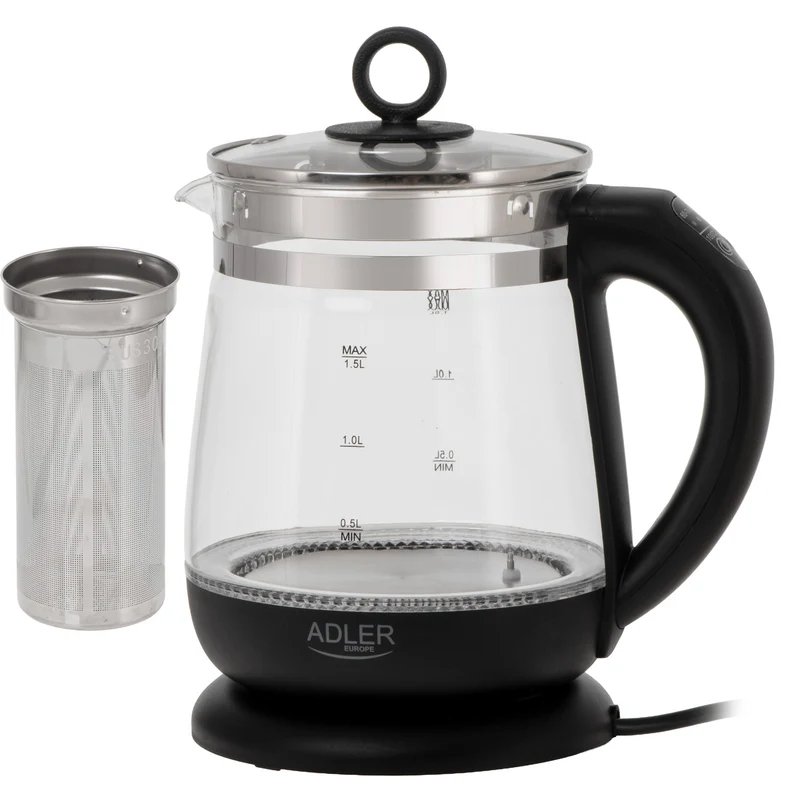 Glasvattenkokare 1,5 l med tefilter och temperaturreglering, 2200 W, LED, 60–100 °C, Adler AD 1299, svart