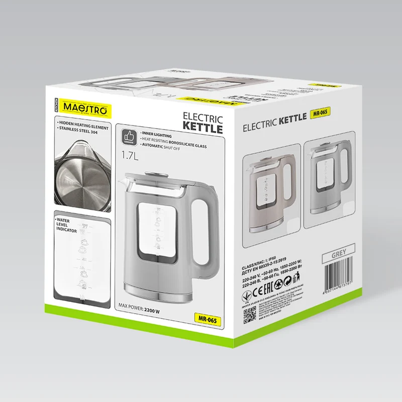 Maestro elektrisk vattenkokare i glas, volym 1,7 l, effekt 2200 W, vattennivåindikator, LED-belysning, vridbar bas, färg: beige, MR-065-BEIGE