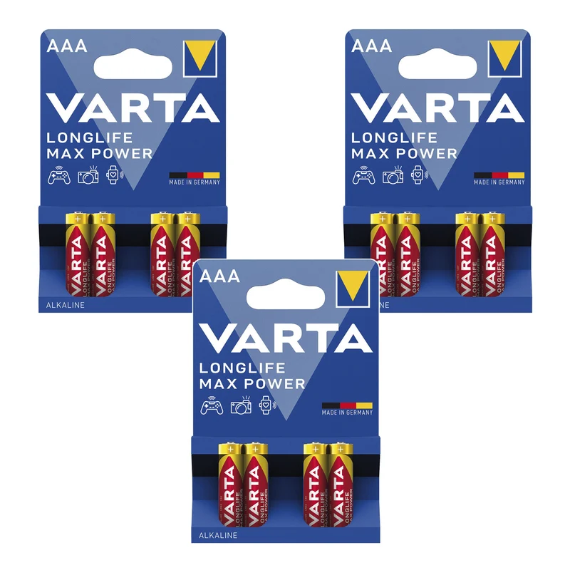 12 st R-03/R03 AAA 1,5 V alkaliska batterier Varta Longlife Max Power