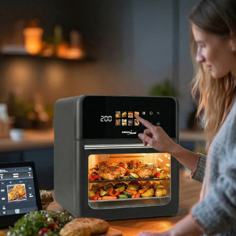 GreenBlue AIR FRYER fettfri fritös, kraftfull 1800 W, 10 liters kapacitet, 8 program, tillbehör, timer, GB950 + mattermometer/matprob, GreenBlue GB178