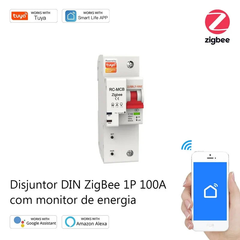 MOES ZCB-1P100M - Disjuntor DIN Zigbee 1P 100A Monitor Energia