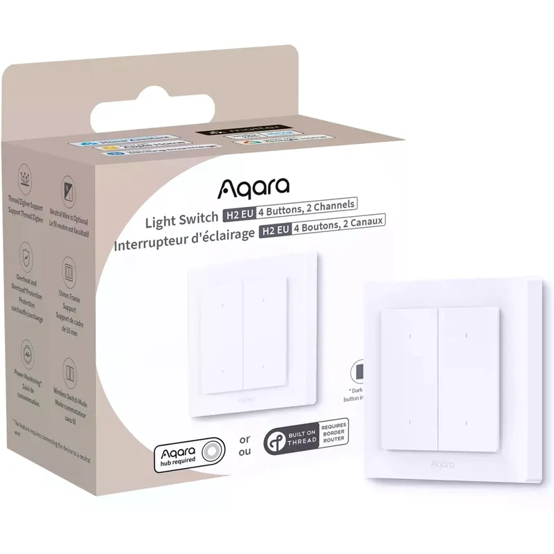 Interruptor Inteligente Aqara H2 EU Zigbee e Thread (4 Botões / 2 Canal) - Com e Sem Neutro - Aqara H2 EU (WS-K08D)
