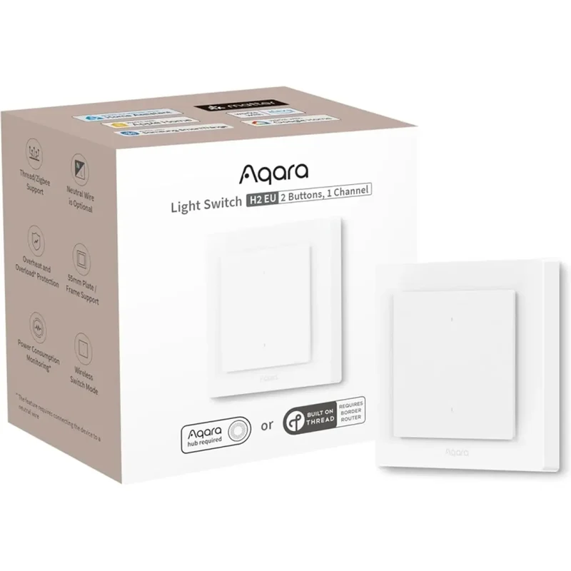 Interruptor Inteligente Aqara H2 EU Zigbee e Thread (2 Botões / 1 Canal) - Com e Sem Neutro - Aqara H2 EU (WS-K07D)