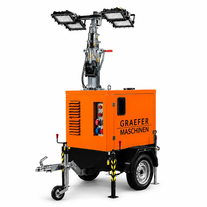 Graefer Alpha LED-Lichtmast 7,6 m | 4 × 320 W LED | Straßenanhänger | Stage V | 145 Stunden Autonomie