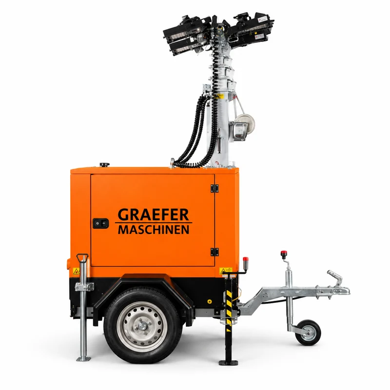 Graefer Alpha LED-Lichtmast 7,6 m | 4 × 320 W LED | Straßenanhänger | Stage V | 145 Stunden Autonomie
