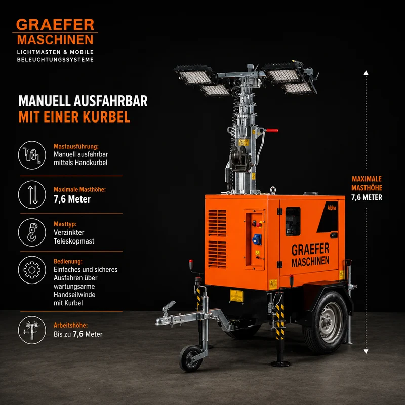 Graefer Alpha LED-Lichtmast 7,6 m | 4 × 320 W LED | Straßenanhänger | Stage V | 145 Stunden Autonomie