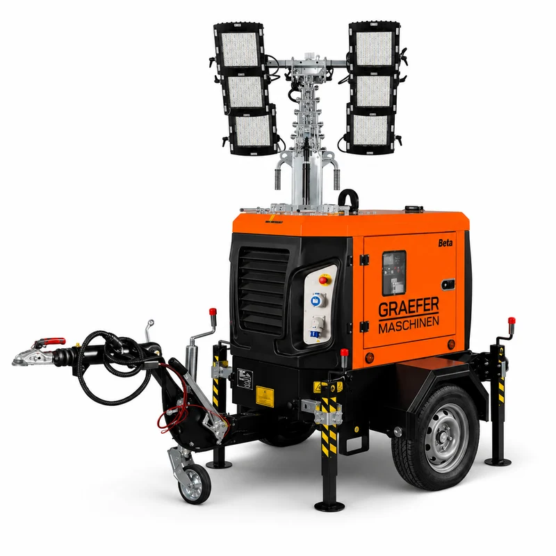 Graefer Beta LED Lichtmast 8,4 m | Hydraulisch | 400.000 Lumen | Stage V Diesel | Straßenanhänger | 200 h Autonomie