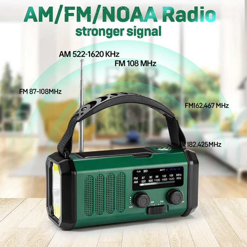 Lippa FM nødradio, håndsving, solcellepanel, kompas, 10.000 mAh powerbank, Grøn