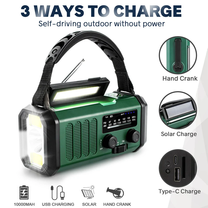 Lippa FM nødradio, håndsving, solcellepanel, kompas, 10.000 mAh powerbank, Grøn