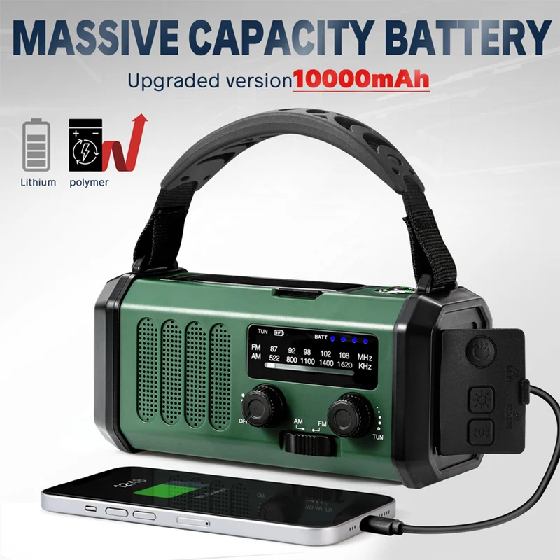 Lippa FM nødradio, håndsving, solcellepanel, kompas, 10.000 mAh powerbank, Grøn