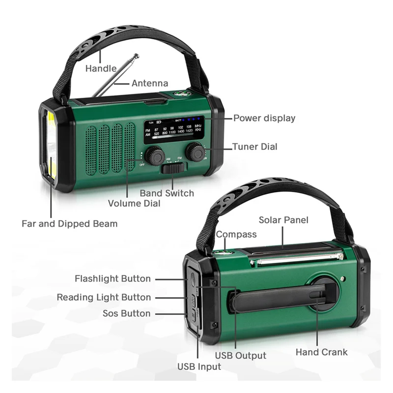Lippa FM nødradio, håndsving, solcellepanel, kompas, 10.000 mAh powerbank, Grøn