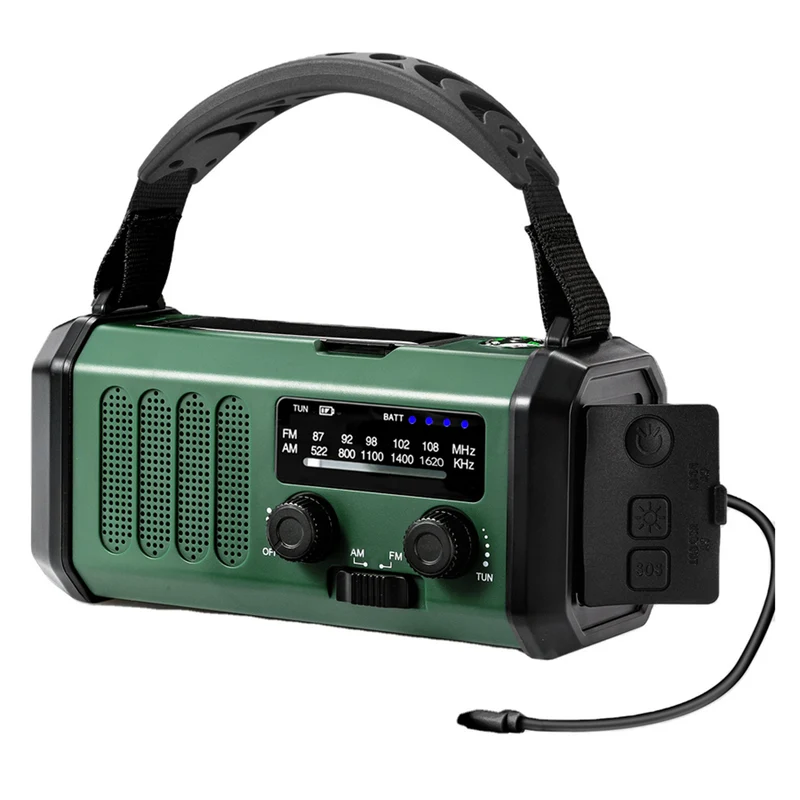 Lippa FM nødradio, håndsving, solcellepanel, kompas, 10.000 mAh powerbank, Grøn
