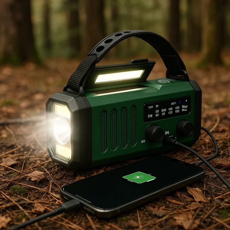 Lippa FM nødradio, håndsving, solcellepanel, kompas, 10.000 mAh powerbank, Grøn