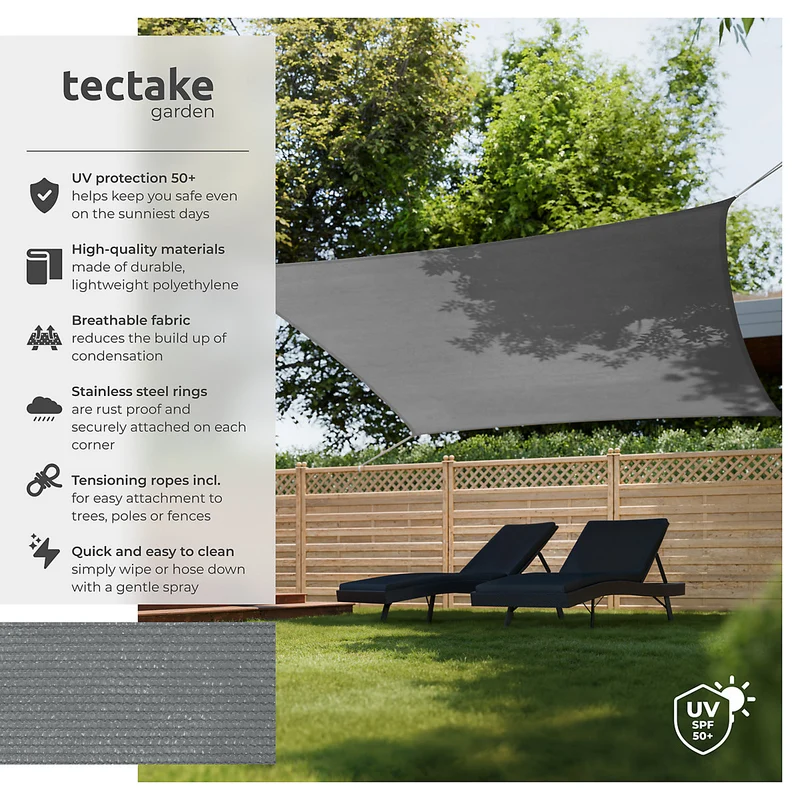 Tectake Rectangular Shade Sail with UV Protection 50+, 3.6 x 3.6 m, Grey