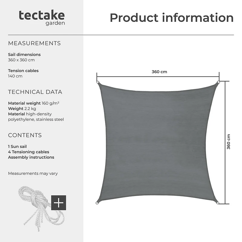 Tectake Rectangular Shade Sail with UV Protection 50+, 3.6 x 3.6 m, Grey