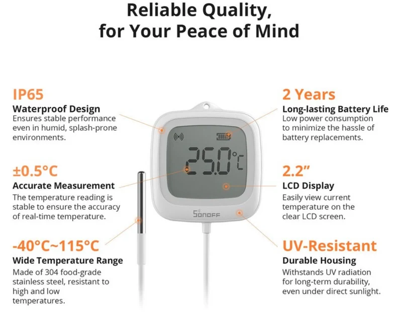 Sonoff Sensor de temperatura líquidos e ambiente c/ sonda Zigbee- Sonoff SNZB-02LD
