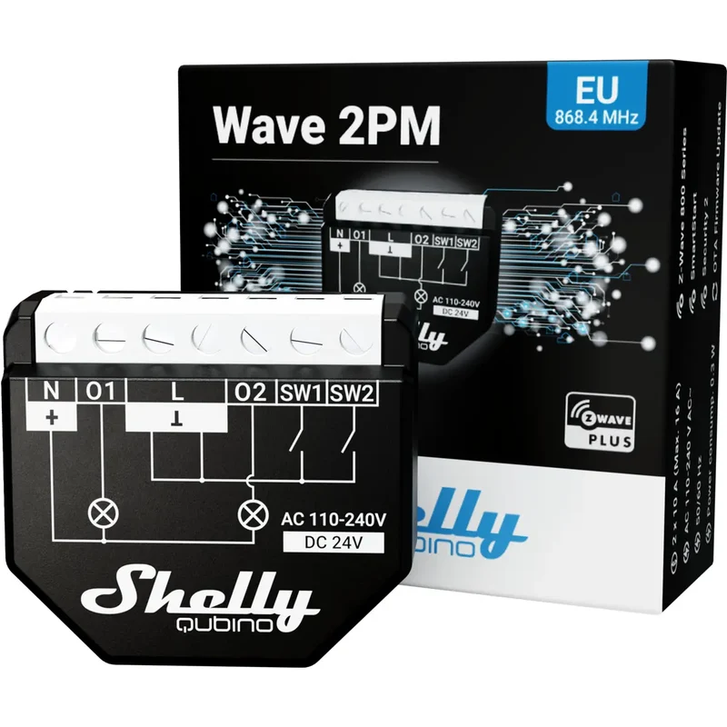 Shelly Qubino Wave 2PM - Módulo interruptor para automação Z-Wave c/ medição de energia 2 canais 10A - SHWAVE2PM