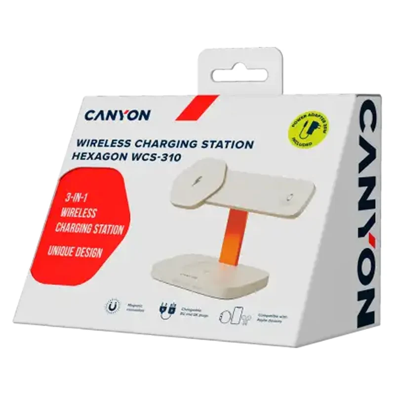 Canyon Hexagon WCS-310 3-i-1 15W Trådløs Oplader, Lysegrå/Orange
