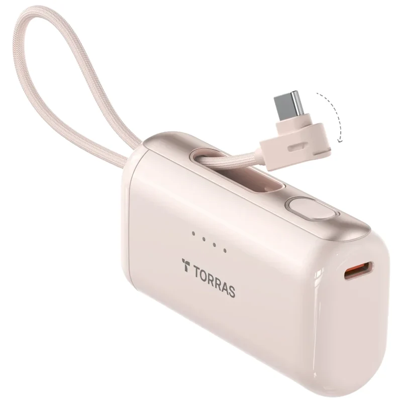 TORRAS PocketVolt 5.000 mAh powerbank m. indbygget USB-C kabel, 22,5W PD, Guld