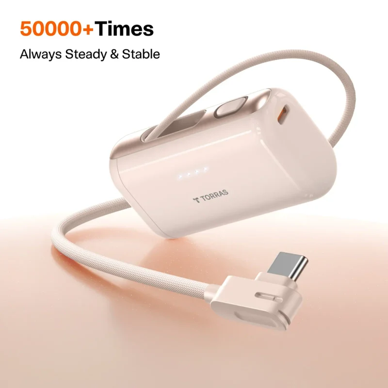 TORRAS PocketVolt 5.000 mAh powerbank m. indbygget USB-C kabel, 22,5W PD, Guld