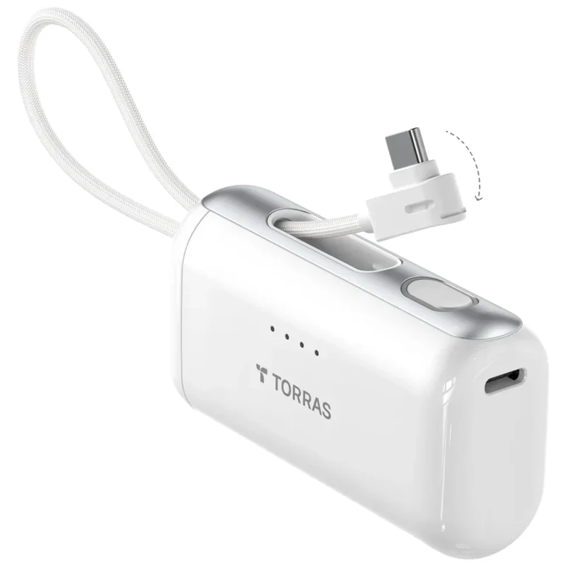 TORRAS PocketVolt 5.000 mAh powerbank m. indbygget USB-C kabel, 22,5W PD, hvid