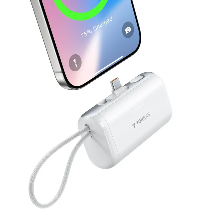 TORRAS PocketVolt 5.000 mAh powerbank m. indbygget USB-C kabel, 22,5W PD, hvid