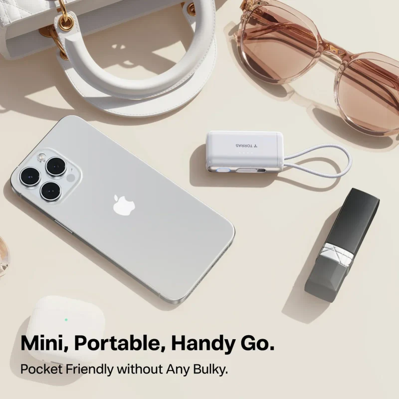 TORRAS PocketVolt 5.000 mAh powerbank m. indbygget USB-C kabel, 22,5W PD, hvid