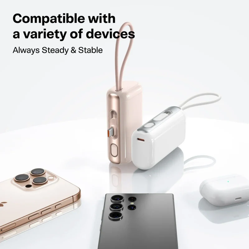 TORRAS PocketVolt 5.000 mAh powerbank m. indbygget USB-C kabel, 22,5W PD, hvid