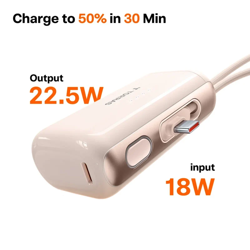 TORRAS PocketVolt 5.000 mAh powerbank m. indbygget USB-C kabel, 22,5W PD, hvid