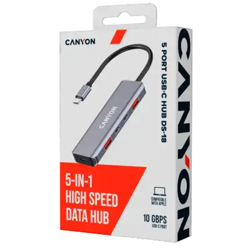 Canyon DS-18 5-i-1 USB-C Hub 100W PD, Grå