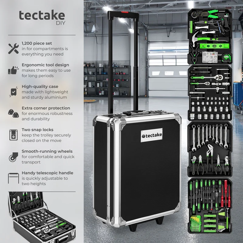 tectake Aluminum Trolley Tool Case, 1,200-Piece Set