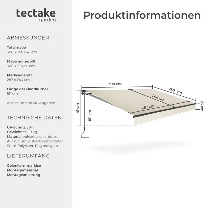 tectake Ornella Retractable Awning with Wall Bracket 300 x 250 cm Beige