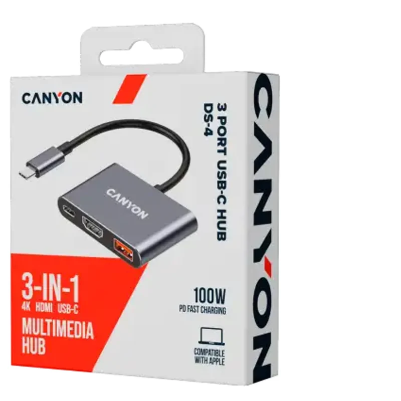 Canyon DS-4 3-i-1 USB-C Hub 100W PD, Grå
