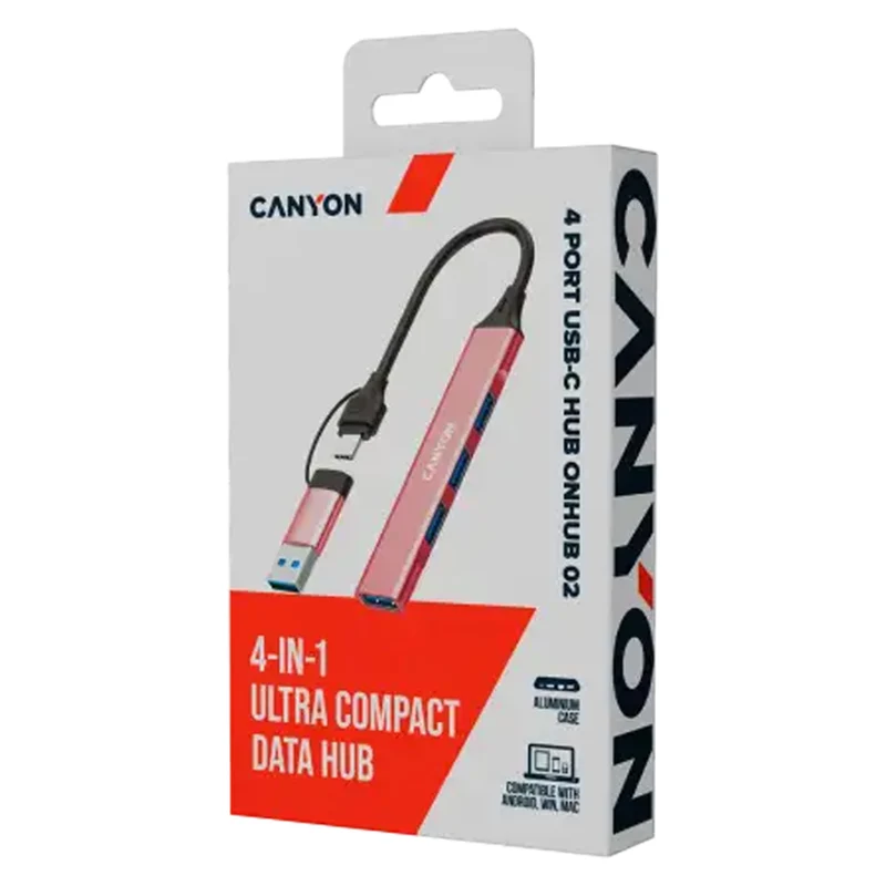 Canyon DS-02 4-i-1 USB-A/C Hub, Pink
