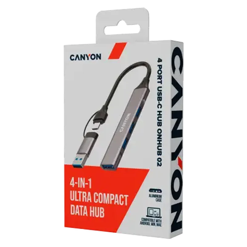 Canyon DS-02 4-i-1 USB-A/C Hub, Grå