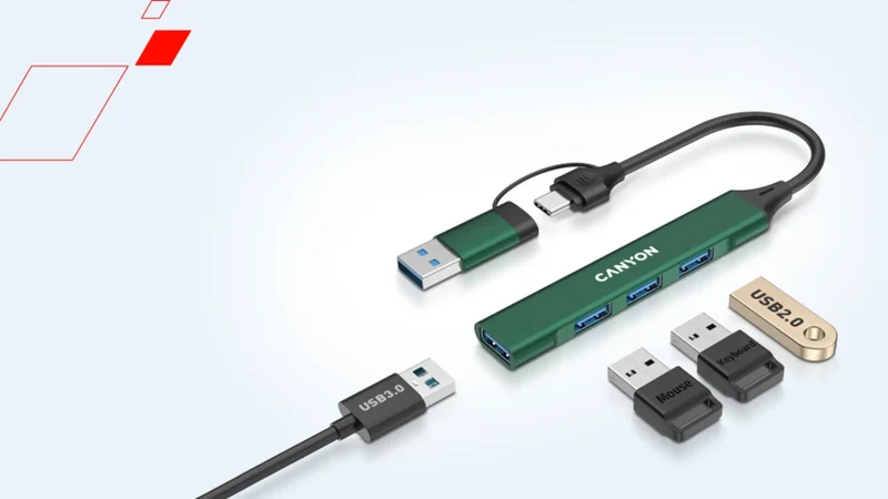 Canyon DS-02 4-i-1 USB-A/C Hub, Grå