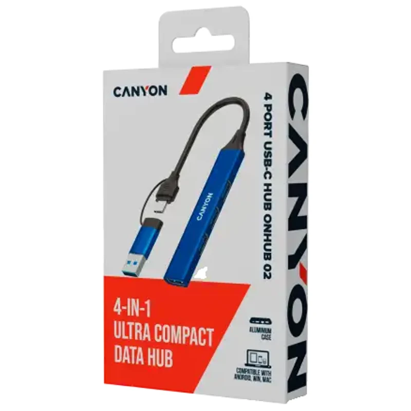 Canyon DS-02 4-i-1 USB-A/C Hub, Blå