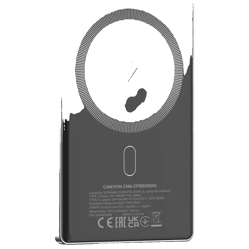 Canyon OnPower 505 MagSafe 5000 mAh PD20W, Mørkegrå
