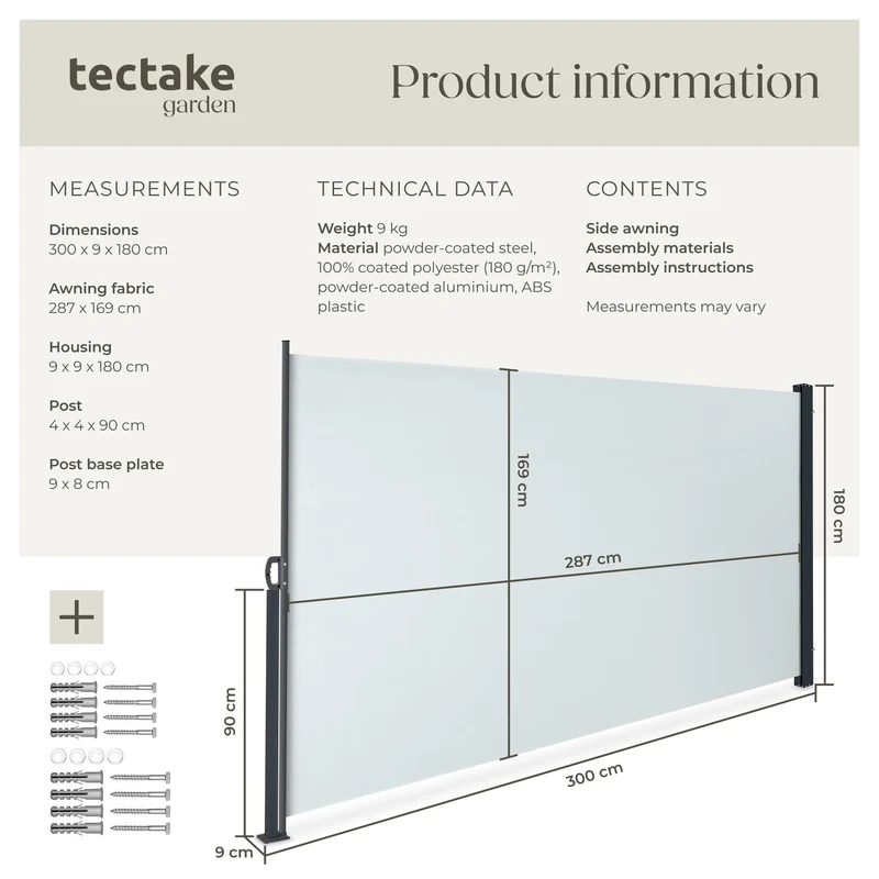 Extendable Side Awning with Roll-up Mechanism, Opaque 300 x 160cm, Grey