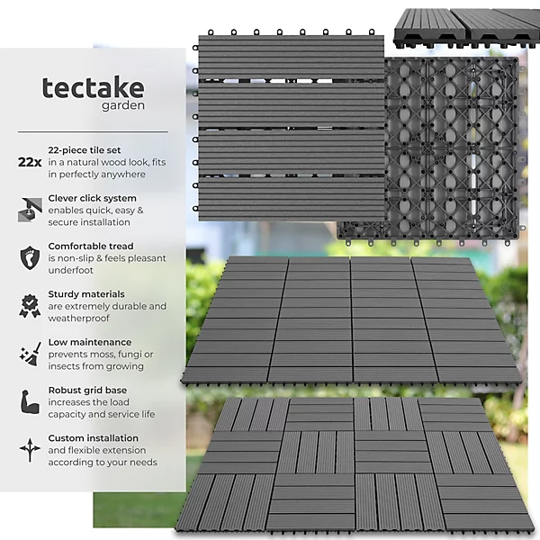Composite Decking Tegulas - click system, wood look, outdoor safe Set of 22, Grey