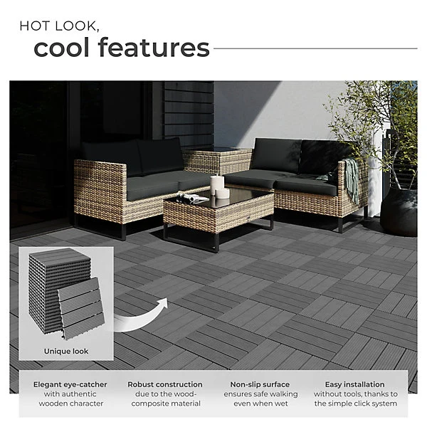 Composite Decking Tegulas - click system, wood look, outdoor safe Set of 22, Grey