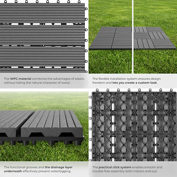 Composite Decking Tegulas - click system, wood look, outdoor safe Set of 22, Grey