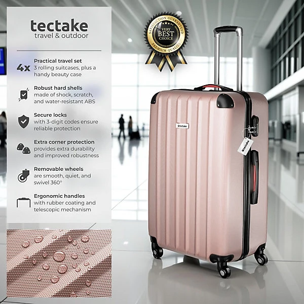 Suitcase Set Cleo - 3 suitcases, 1 beauty case, including luggage scales and tags, Rose Gold