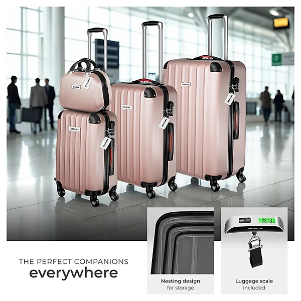 Suitcase Set Cleo - 3 suitcases, 1 beauty case, including luggage scales and tags, Rose Gold