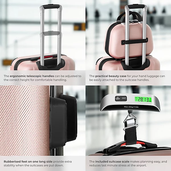 Suitcase Set Cleo - 3 suitcases, 1 beauty case, including luggage scales and tags, Rose Gold