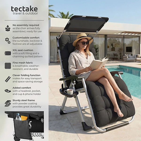 Sun Lounger Cirrus with Plush Padding, Black