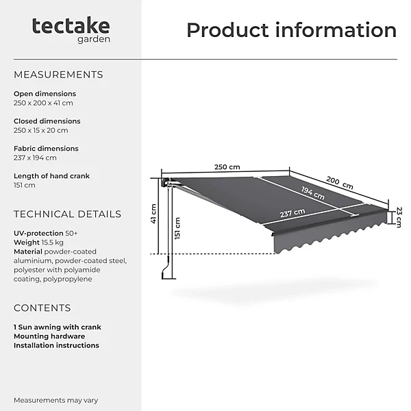 Retractable Awning Ornella 250 x 200 cm, Dark Grey