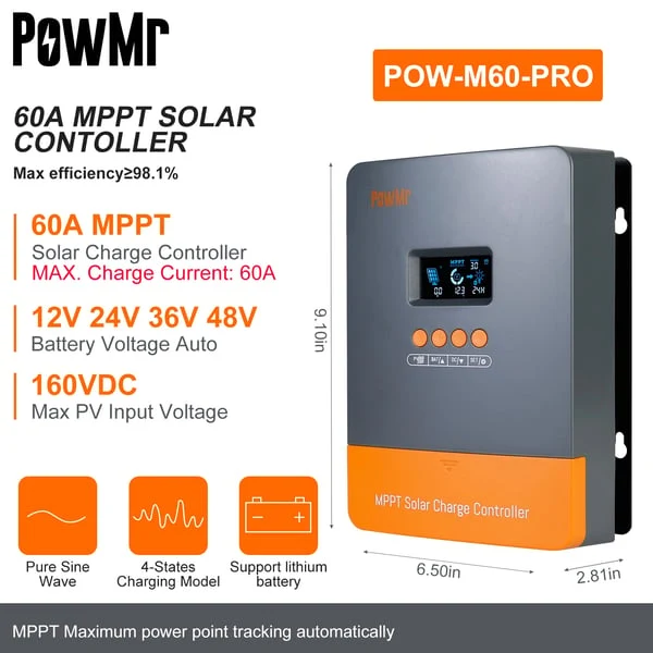 PowMr Solar Charge Controller, works with 12V–48V batteries, up to 2880W solar energy, LCD screen, MPPT 60A